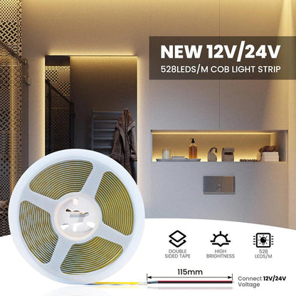 12V COB LED Strip Light With 8mm PCB, 320/480/528 LEDs, Flex Tape High Density Linear Lighting - Lumaz