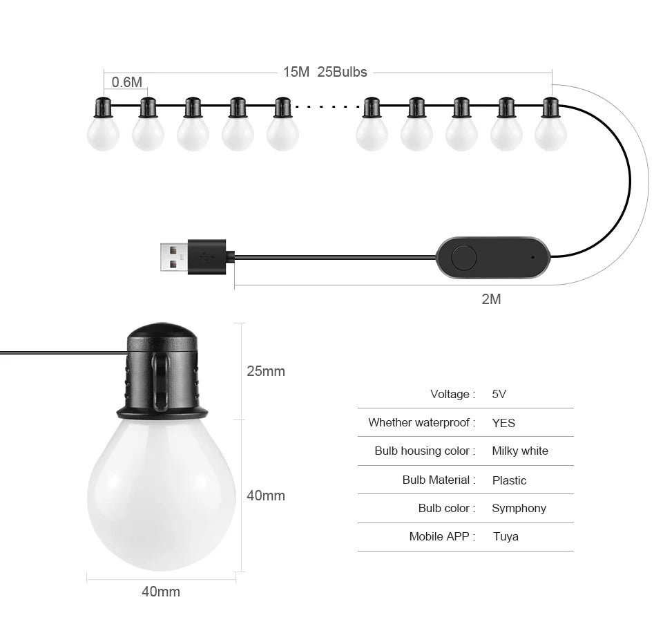 USB Smart G40 LED Bulb String Light 15M 25 Blubs Christmas Lights