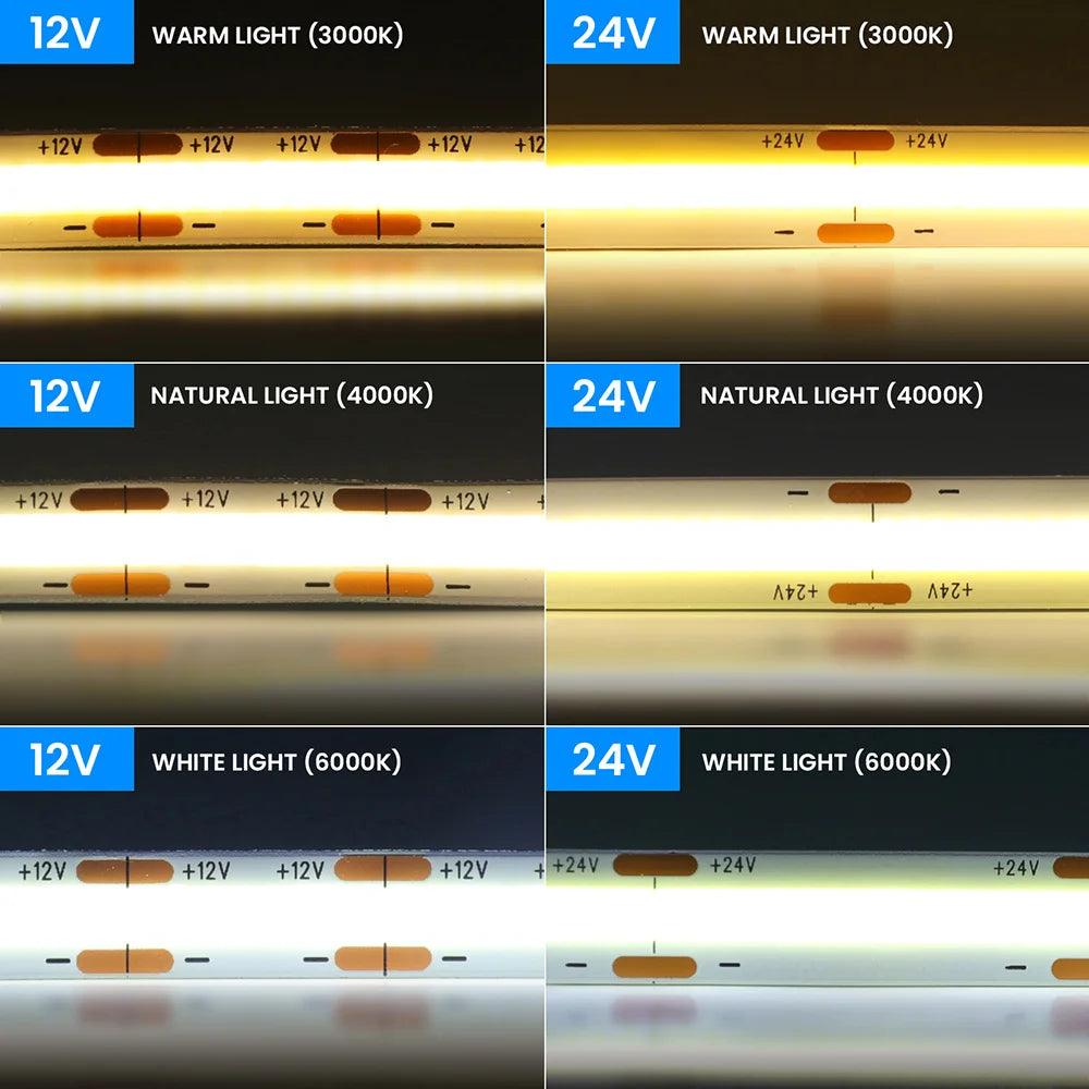 12V COB LED Strip Light With 8mm PCB, 320/480/528 LEDs, Flex Tape High Density Linear Lighting - Lumaz