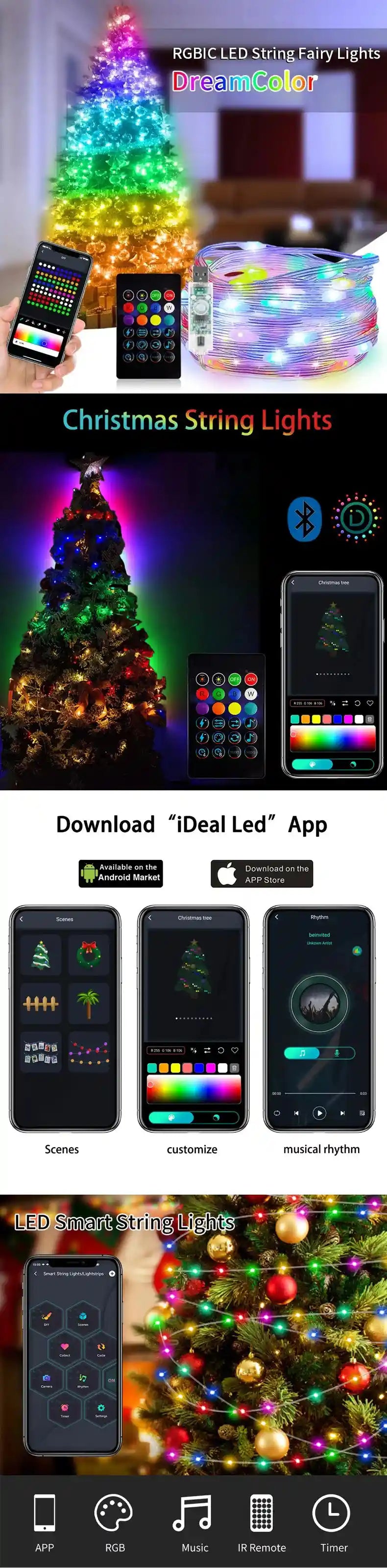 USB RGBIC Smart Christmas Tree Dream Color Music Lights Waterproof LED Fairy Lights - Lumaz