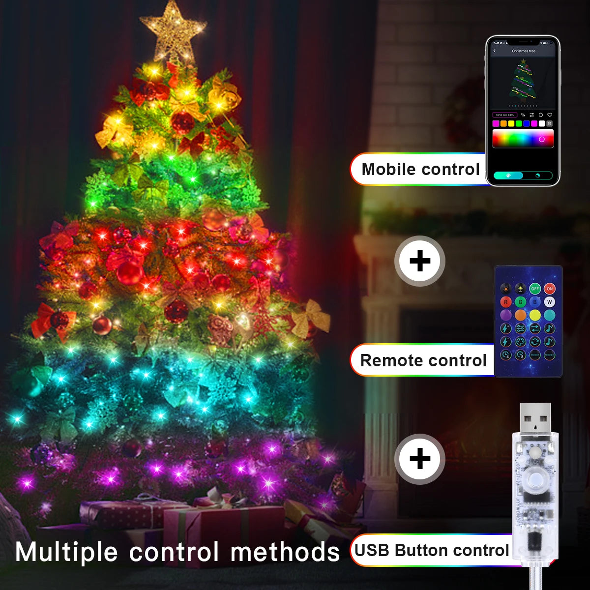 Bluetooth USB LED String Fairy Lights RGBIC Dream Color DIY Christmas Tree