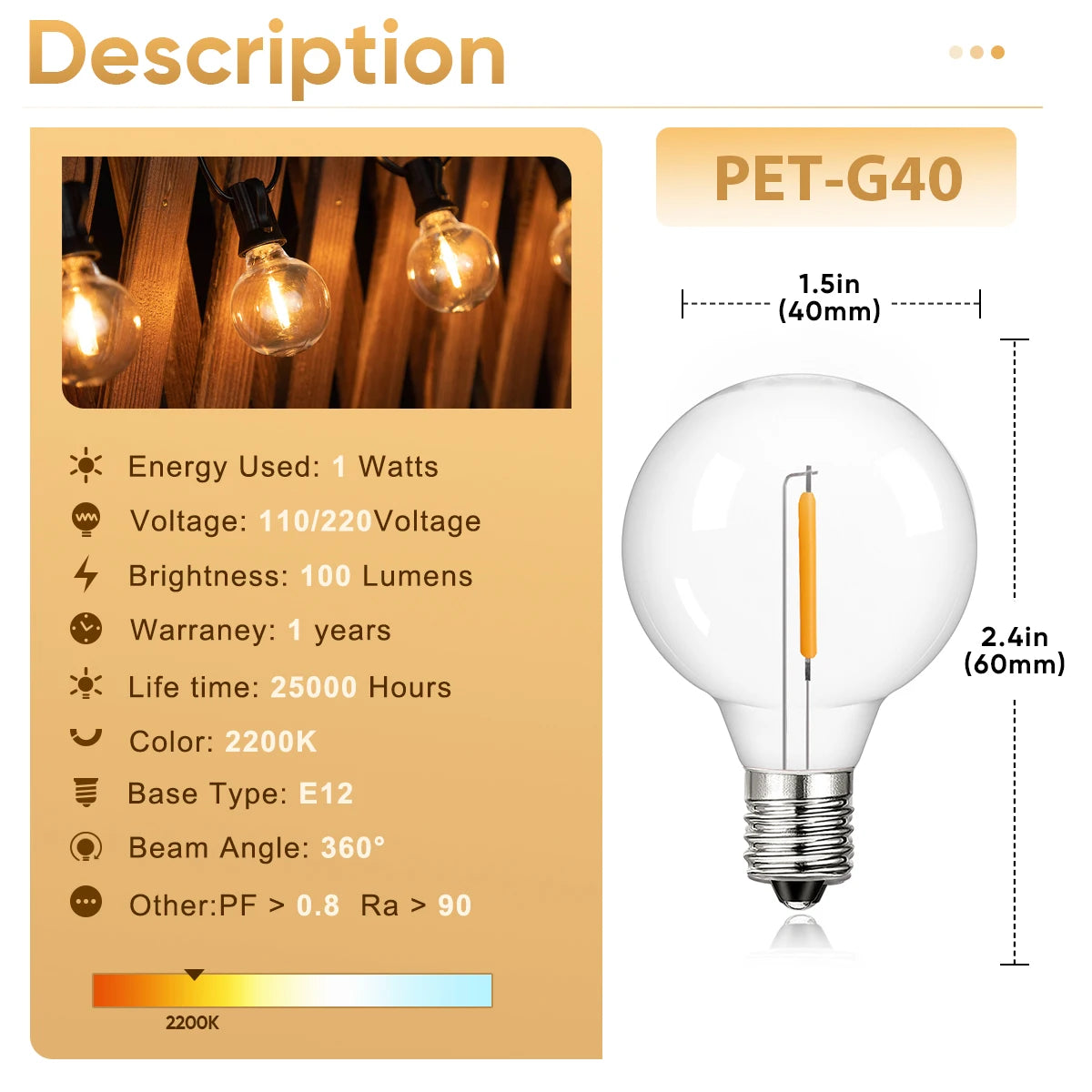 Shatterproof G40 Outdoor String Lights, 110V Led String Light Waterproof Connectable