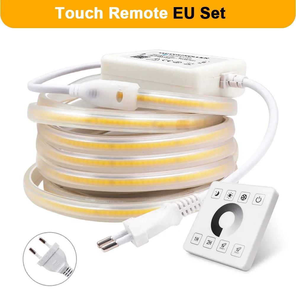 110V IP67 Waterproof COB LED Strip Light With Dimmable 23Keys IR,Wall Touch RF Remote Control Power Kit - Lumaz