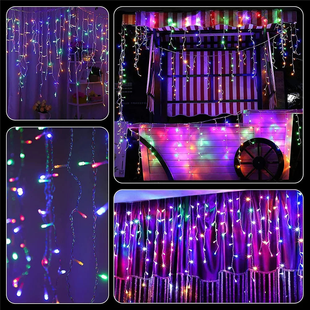 8 Mode Solar Curtain Icicle Lights Outdoor Waterproof Christmas String Lights