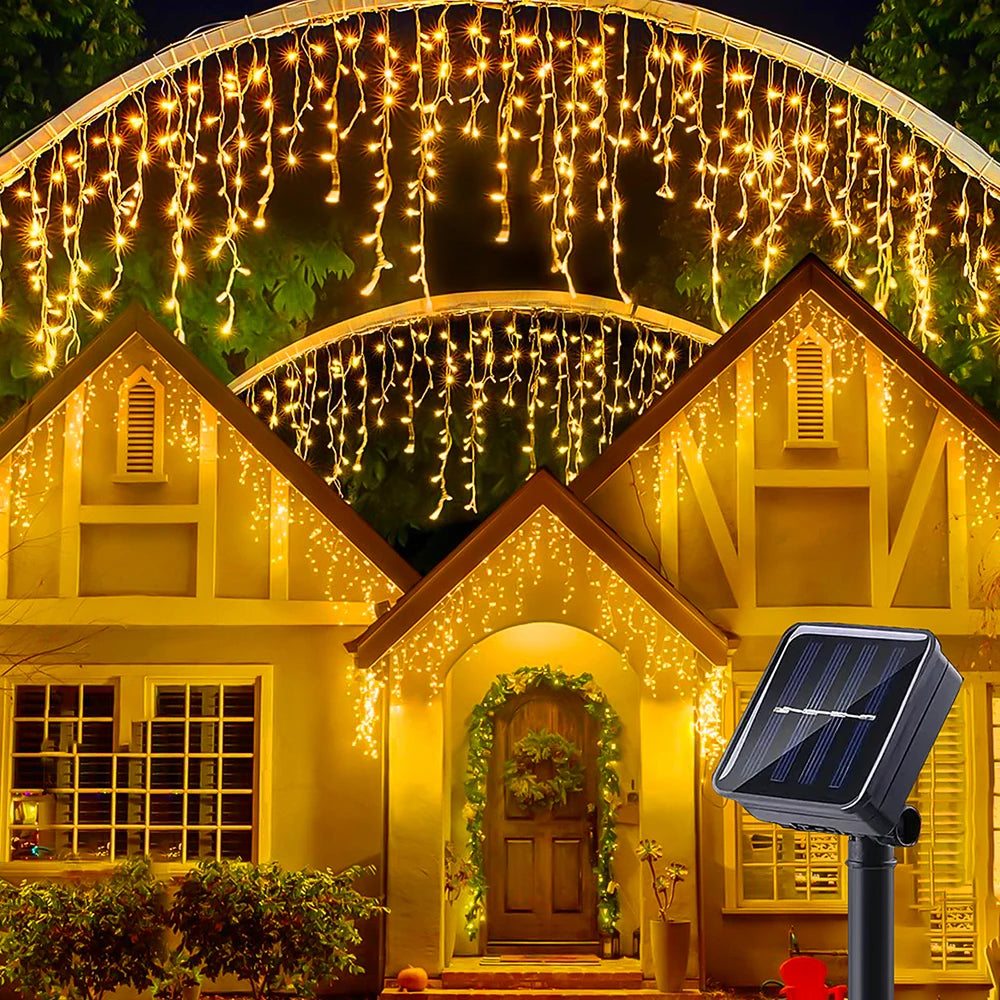 8 Mode Solar Curtain Icicle Lights Outdoor Waterproof Christmas String Lights