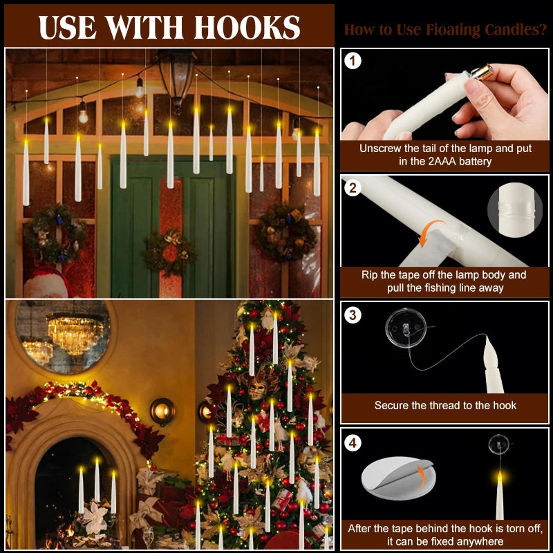 Flameless Floating Candles With Wand, Premium Halloween Decoration Flicker Hanging LED Candle 12-60Pcs