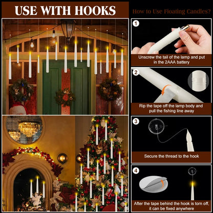 Flameless Floating Candles With Wand, Premium Halloween Decoration Flicker Hanging LED Candle 12-60Pcs