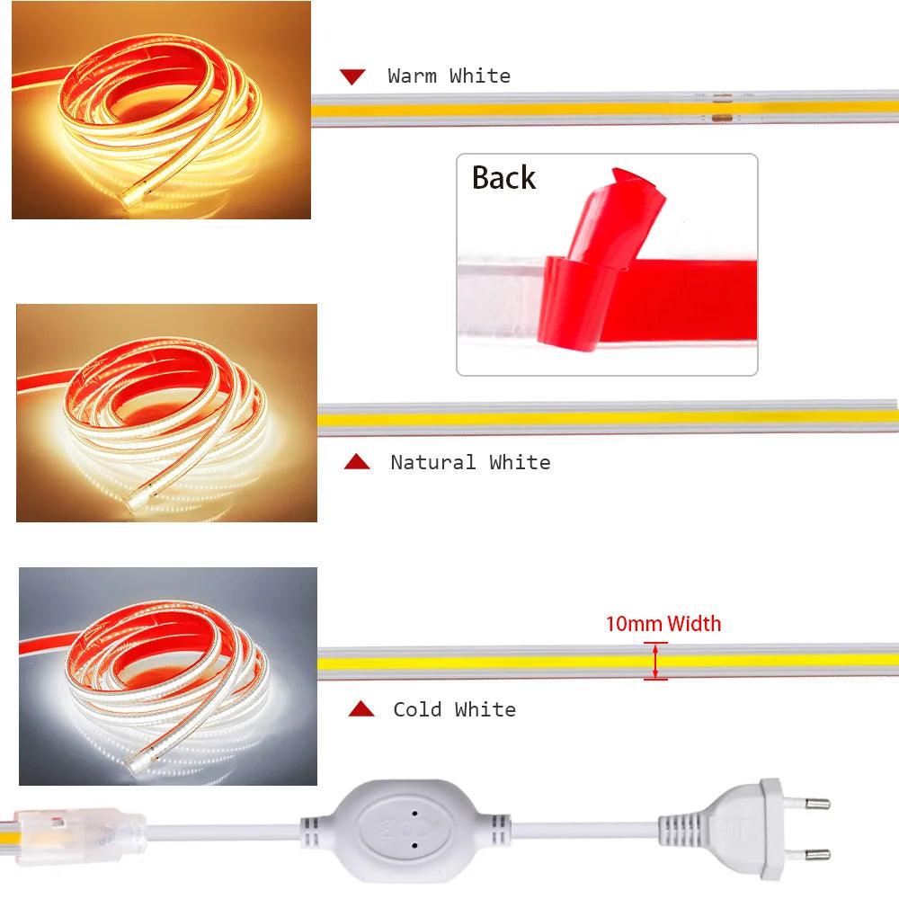 220V IP67 Waterproof COB LED Strip Light With Adhesive Tape Switch, Flexible Led Linear lighting - Lumaz