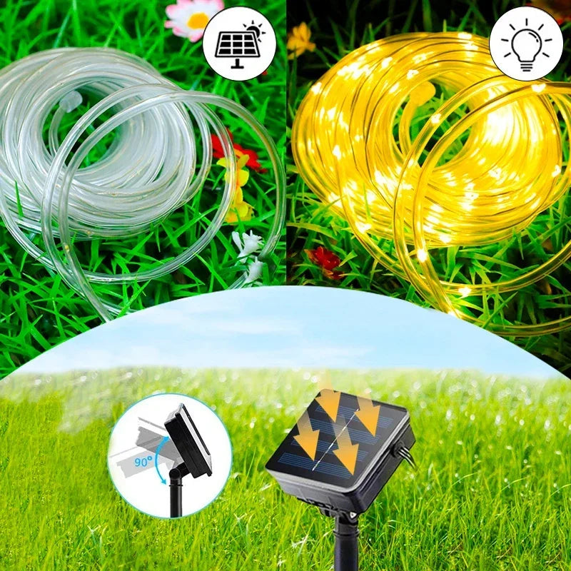 Solar Outdoor Tube Rope Lights, LED Fairy String Lights For Garden Christmas Decoration