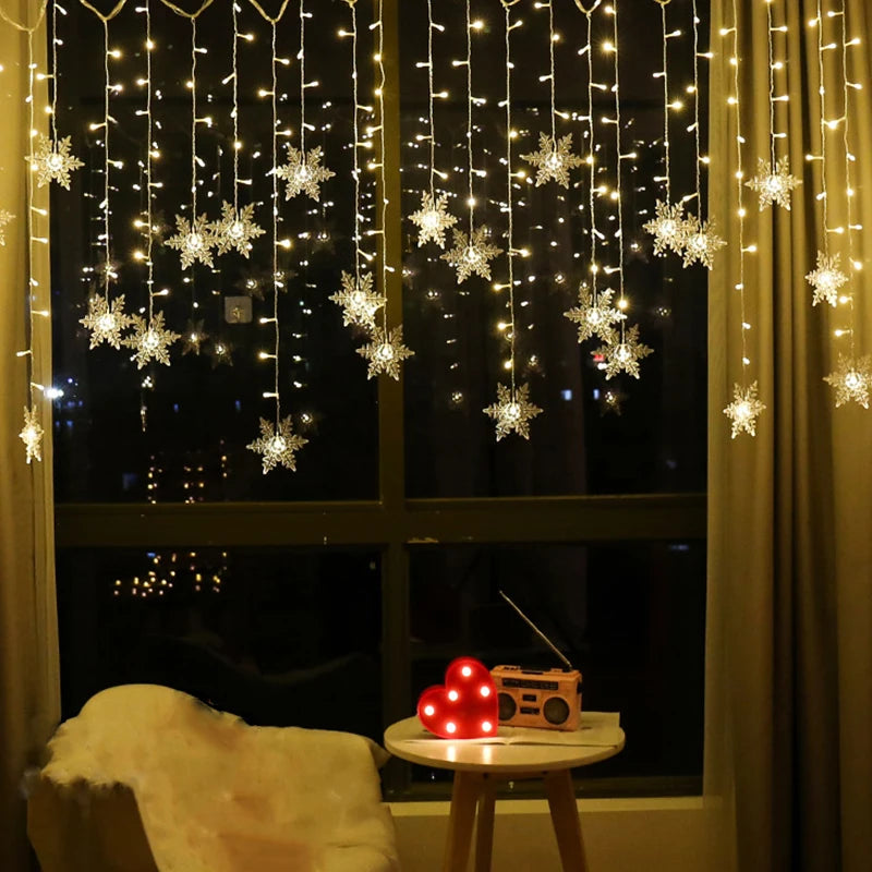 3.2M 8 Modes Christmas Snowflakes LED Curtain Lights Flashing Fairy Lights