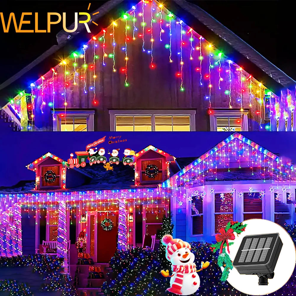 3.5M/7.5M Solar Curtain Icicle Lights Outdoor Christmas String Lights For Eaves Decor