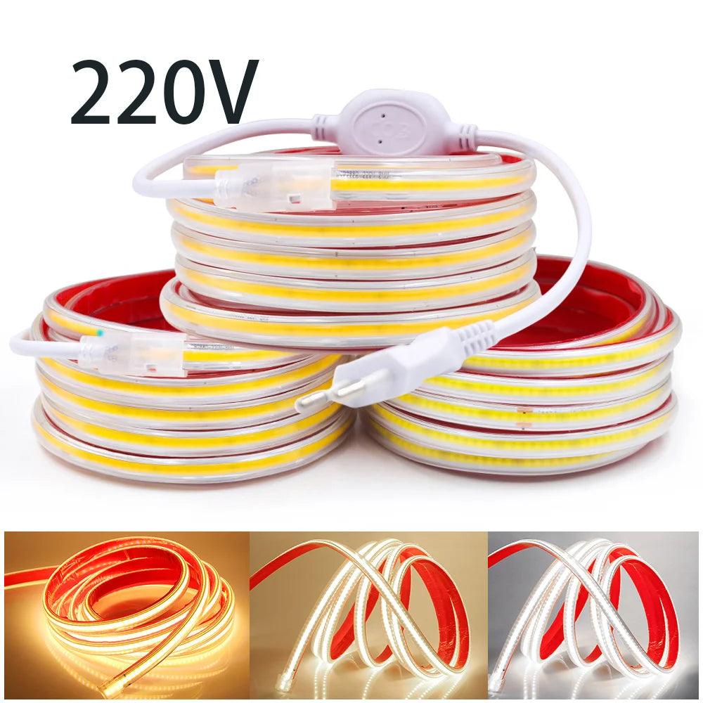 220V IP67 Waterproof COB LED Strip Light With Adhesive Tape Switch, Flexible Led Linear lighting - Lumaz