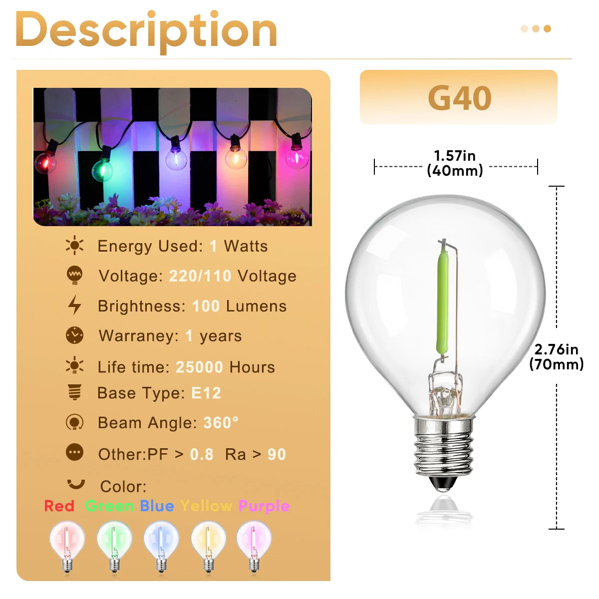 Multicolor G40 Outdoor String Lights, 110V Led String Light Waterproof Connectable