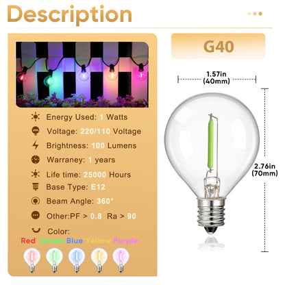 Multicolor G40 Outdoor String Lights, 110V Led String Light Waterproof Connectable