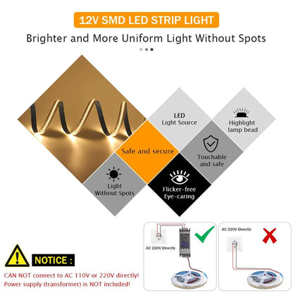 12V SMD 2025/2835 IP65/IP67 Waterproof LED Strip Light With 120/240/480 LEDs, Flexible Cabinet Lingting - Lumaz