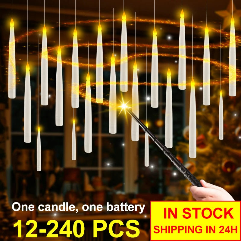 Flameless Floating Candles With Wand, Premium Halloween Decoration Flicker Hanging LED Candle 12-60Pcs