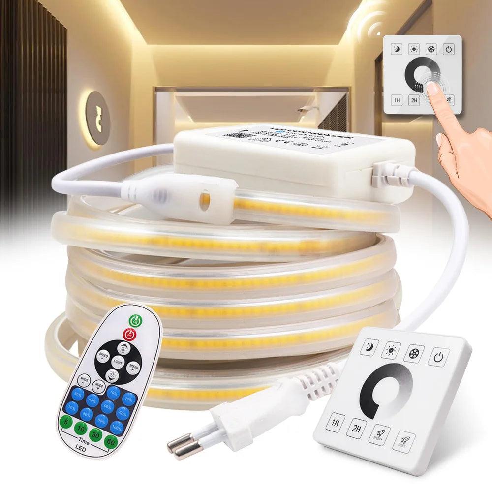 110V IP67 Waterproof COB LED Strip Light With Dimmable 23Keys IR,Wall Touch RF Remote Control Power Kit - Lumaz