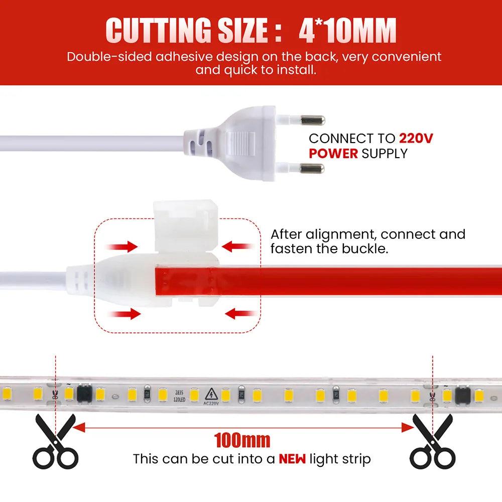 220V SMD 2835 IP65 Waterproof Flexible LED Strip Light With IC Rectifier, 120LEDs - Lumaz