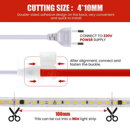 220V SMD 2835 IP65 Waterproof Flexible LED Strip Light With IC Rectifier, 120LEDs - Lumaz