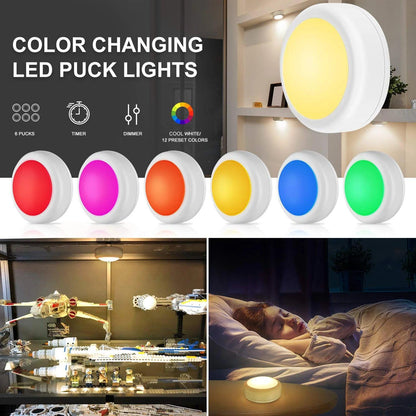 Battery Operated LED Puck Light with Remote 13 Colors for Closet and Cabinet - Lumaz