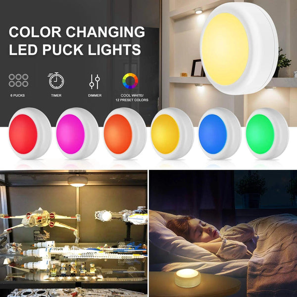 Battery Operated LED Puck Light with Remote 13 Colors for Closet and Cabinet - Lumaz