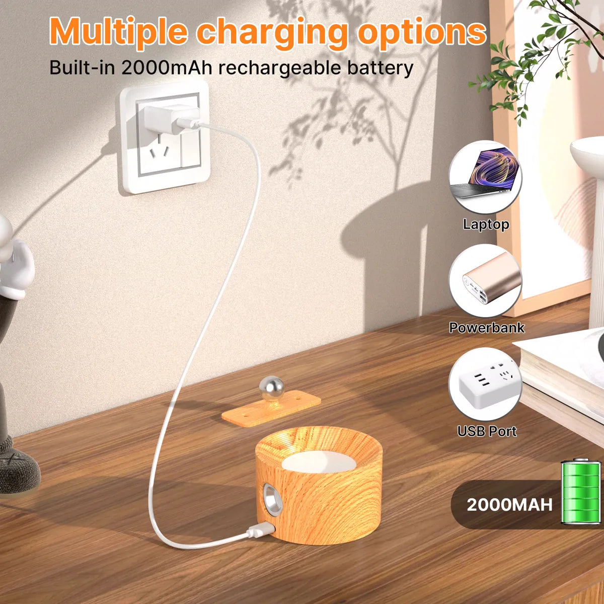 Wood-Body Battery Operated Touch LED Wall Light – 3 Brightness Levels, 360° Rotatable