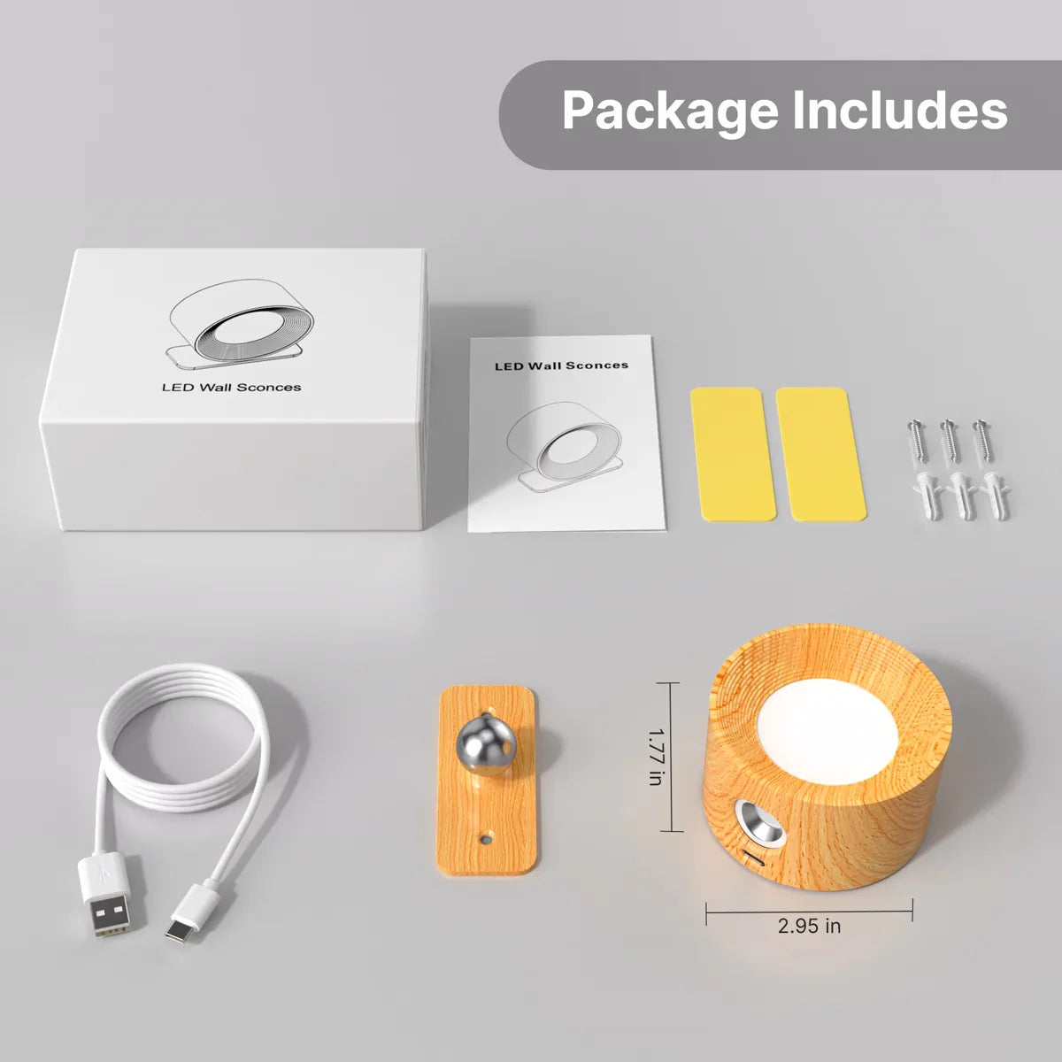 Wood-Body Battery Operated Touch LED Wall Light – 3 Brightness Levels, 360° Rotatable