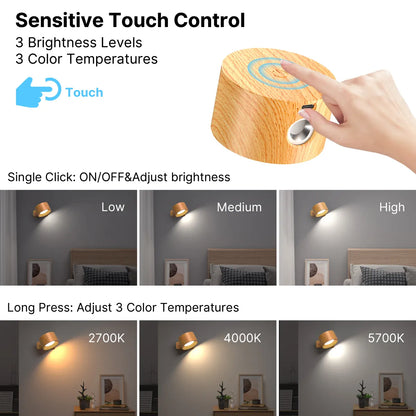 Wood-Body Battery Operated Touch LED Wall Light – 3 Brightness Levels, 360° Rotatable