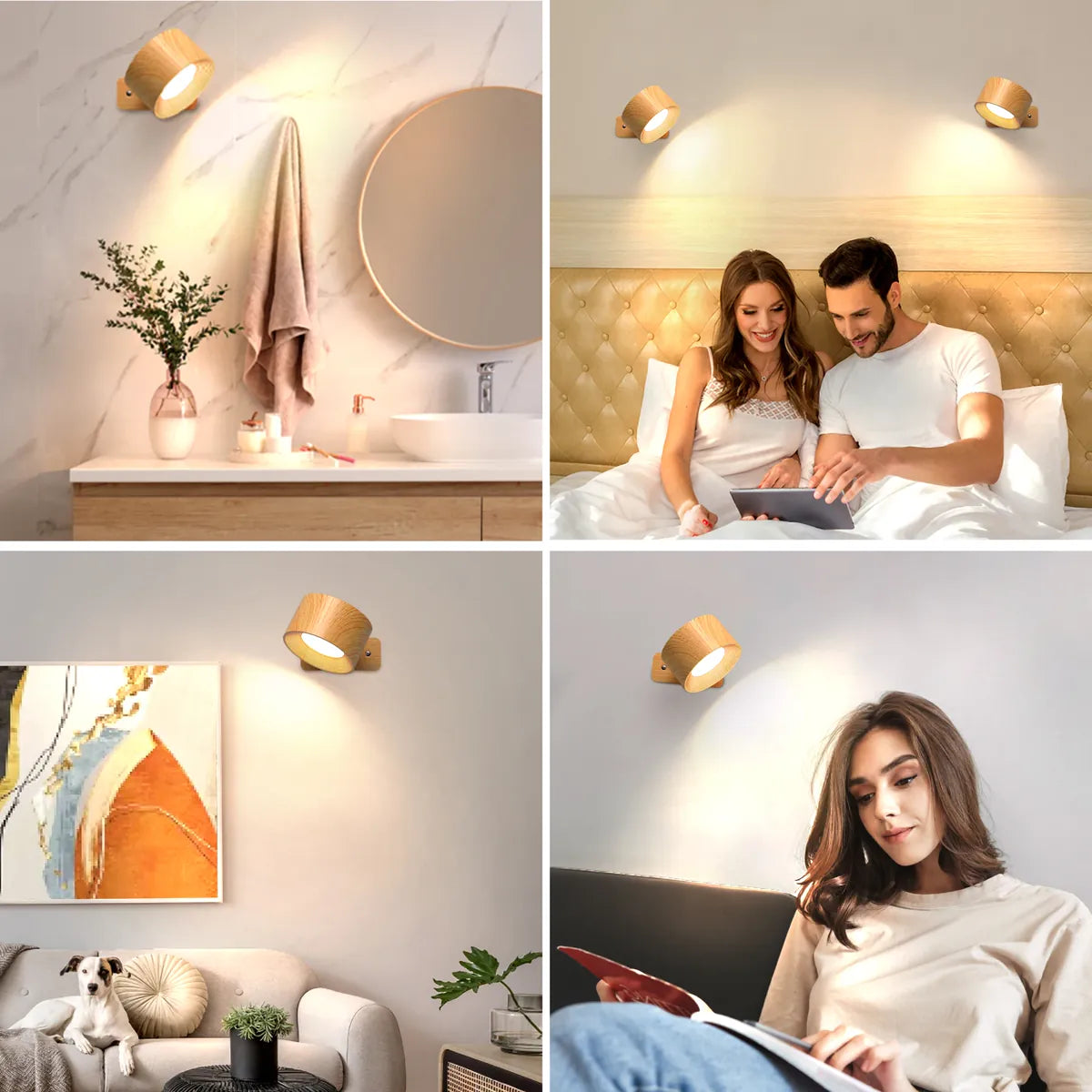 Wood-Body Battery Operated Touch LED Wall Light – 3 Brightness Levels, 360° Rotatable