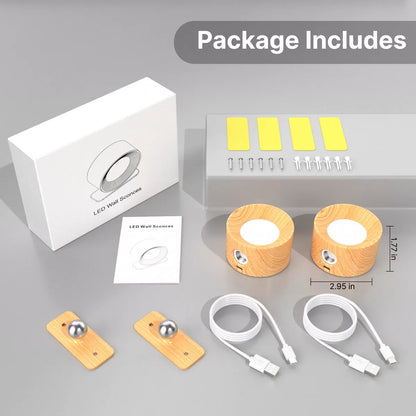 Wood-Body Battery Operated Touch LED Wall Light – 3 Brightness Levels, 360° Rotatable