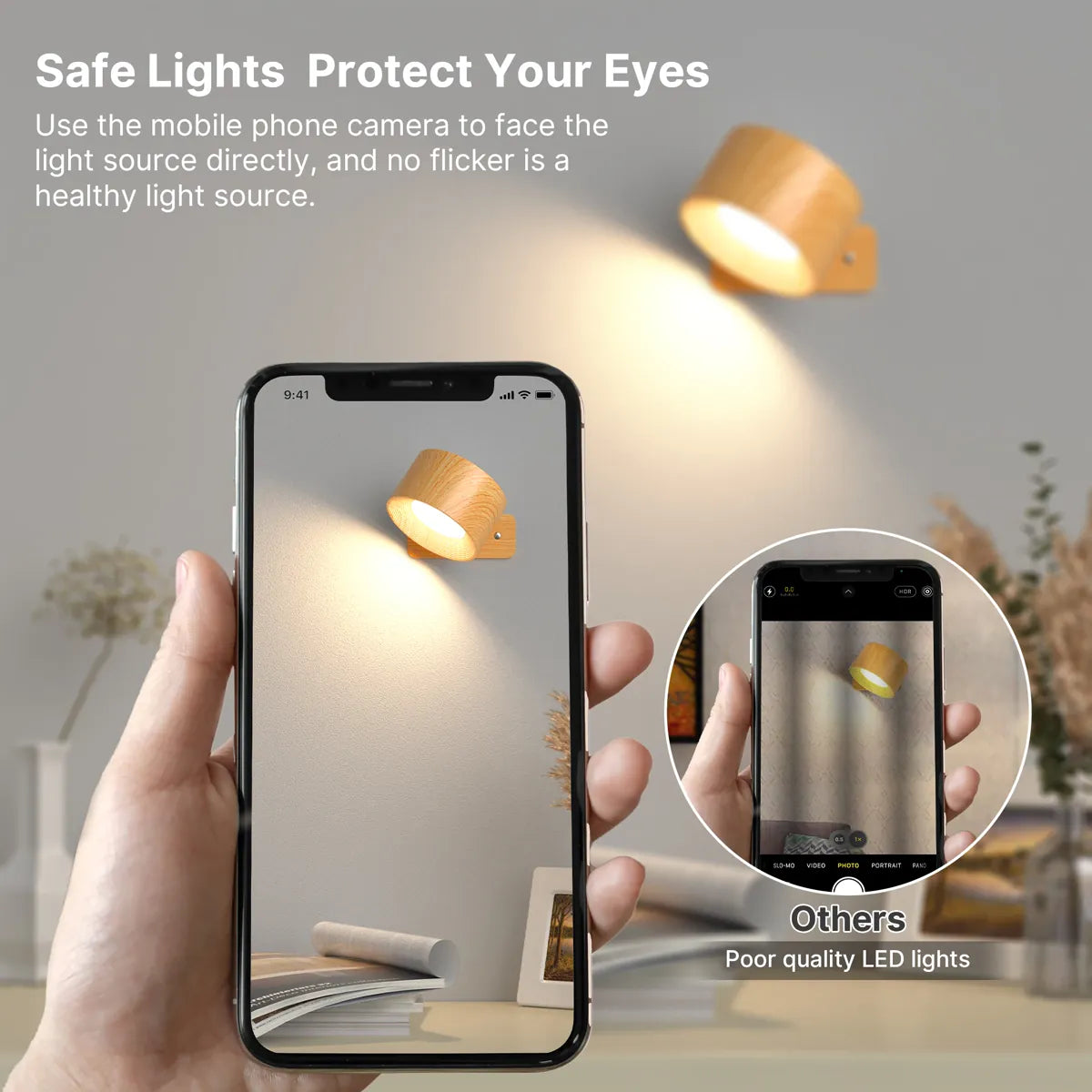 Wood-Body Battery Operated Touch LED Wall Light – 3 Brightness Levels, 360° Rotatable