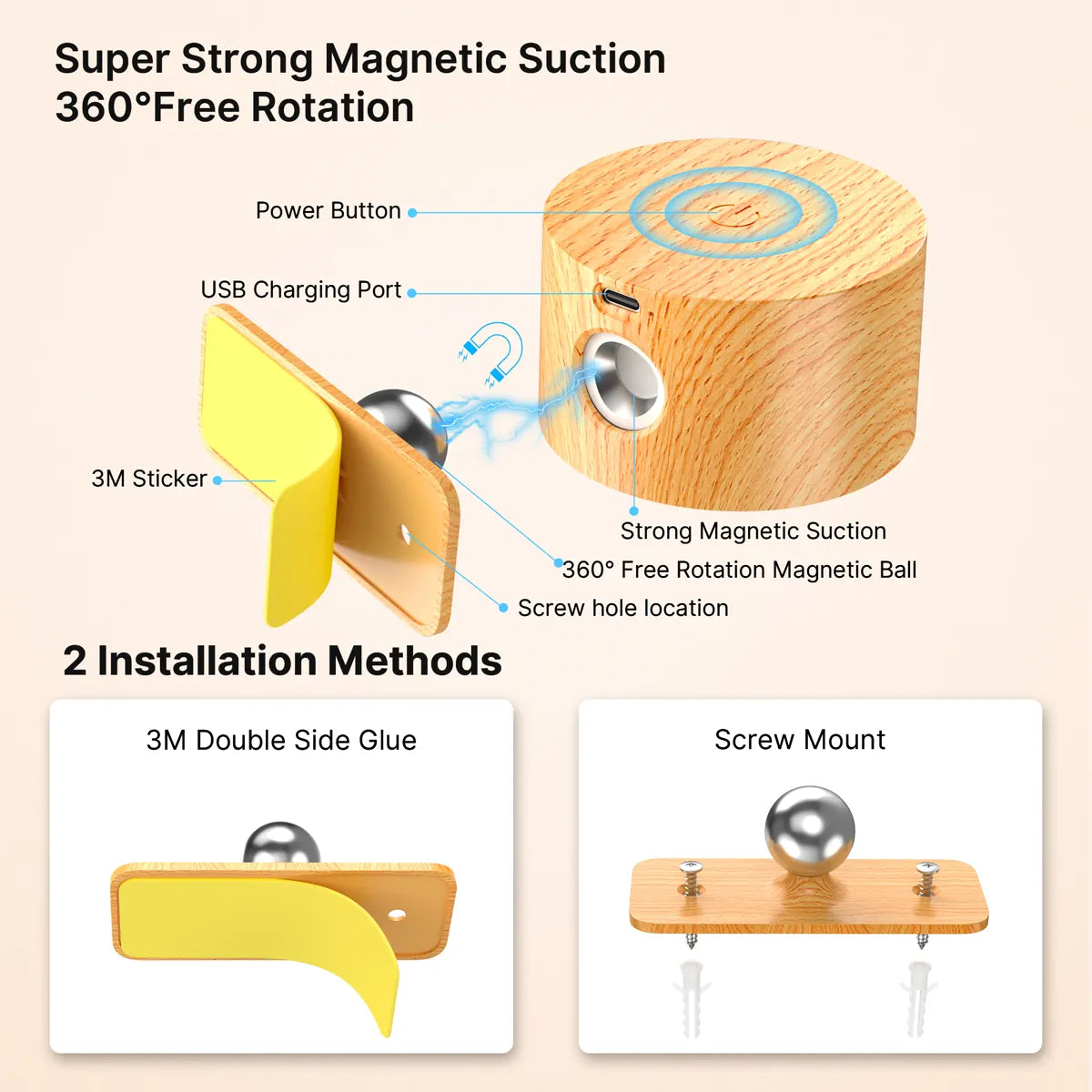 Wood-Body Battery Operated Touch LED Wall Light – 3 Brightness Levels, 360° Rotatable