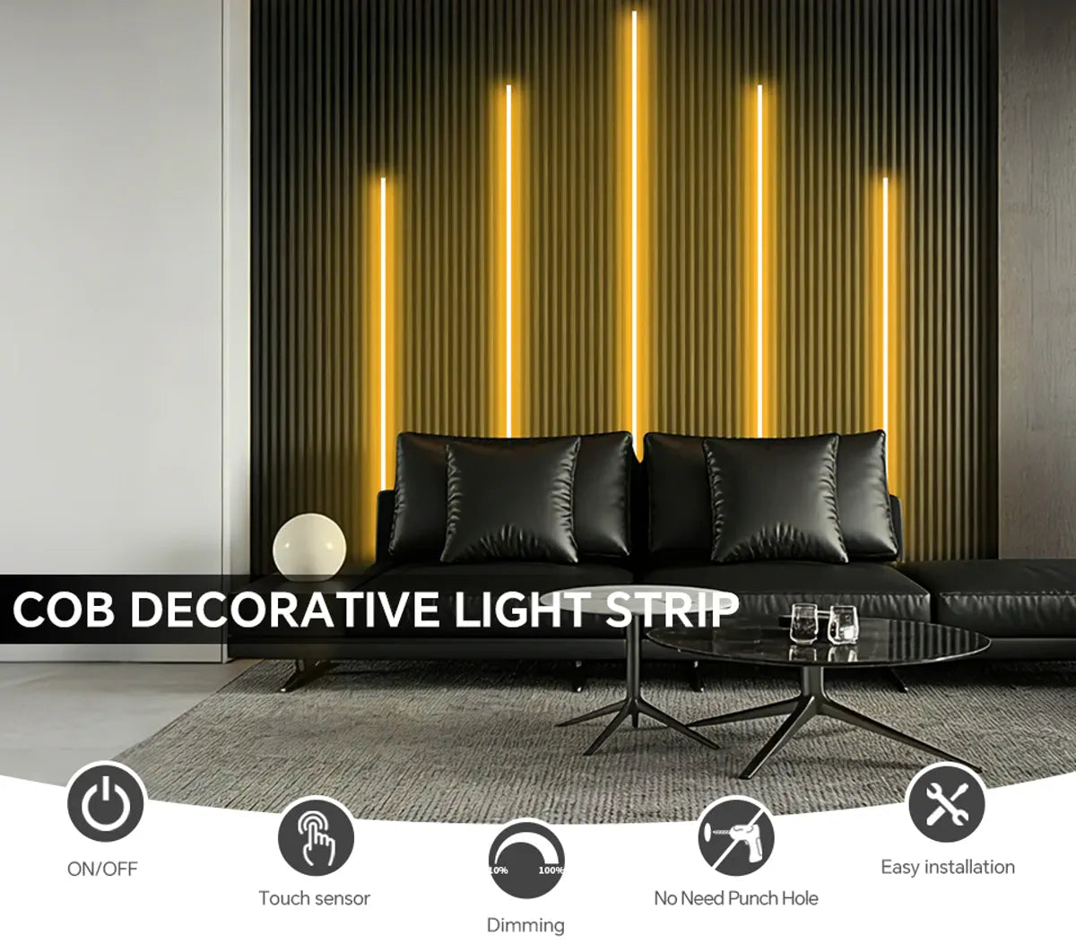Warm COB strip lighting on a wood-slat wall