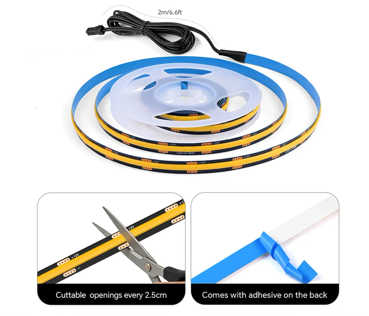 Cut points and adhesive backing on the COB LED strip