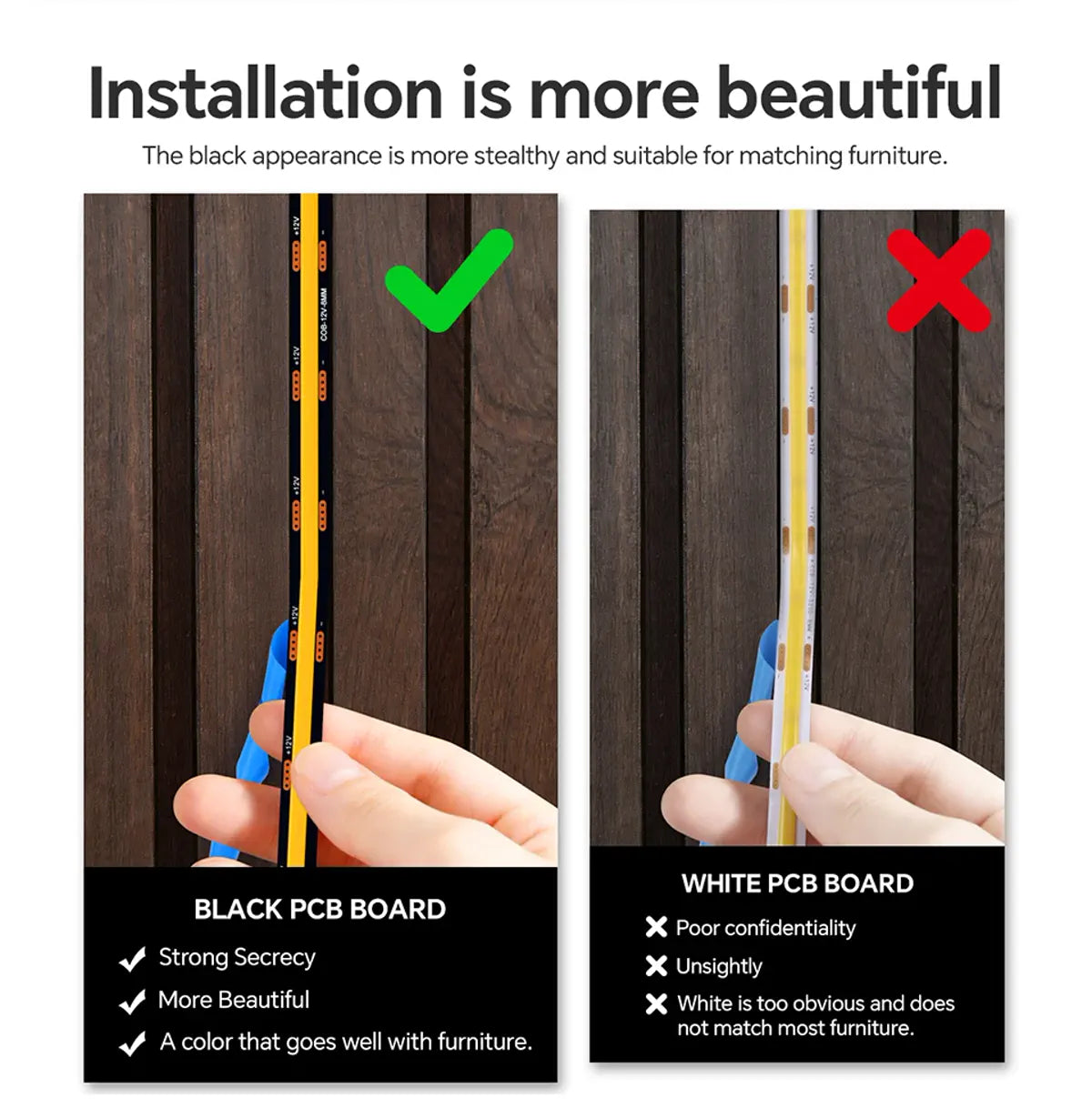 Black PCB COB strip against a dark wood-slat surface