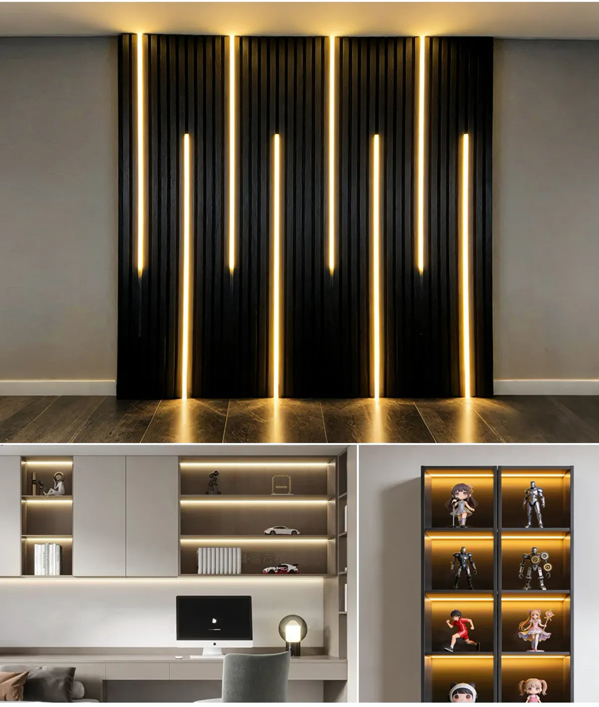 COB strip lighting applied to a wall and display cabinet