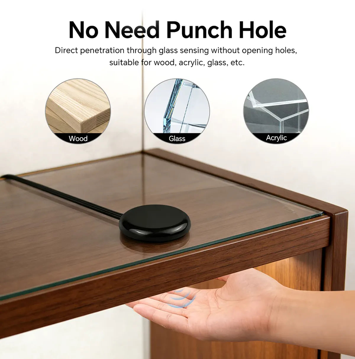 Touch sensor positioned under wood and glass surfaces