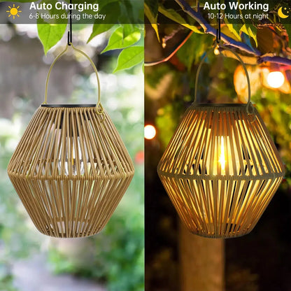 Boho geflochtene Rattan-Solar-Laternen für den Garten – handgefertigt, IP65 wasserdicht, automatische Dämmerung bis Morgengrauen