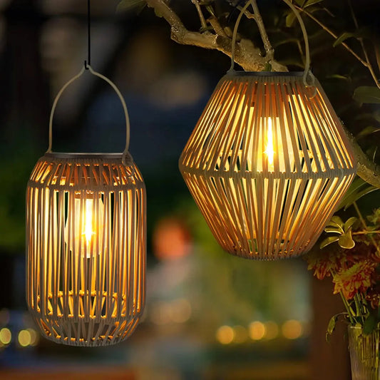 Boho Woven Rattan Solar Lantern Garden Lights - Handcrafted, IP65 Waterproof, Auto Dusk-to-Dawn