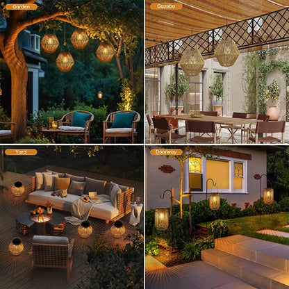 Boho geflochtene Rattan-Solar-Laternen für den Garten – handgefertigt, IP65 wasserdicht, automatische Dämmerung bis Morgengrauen