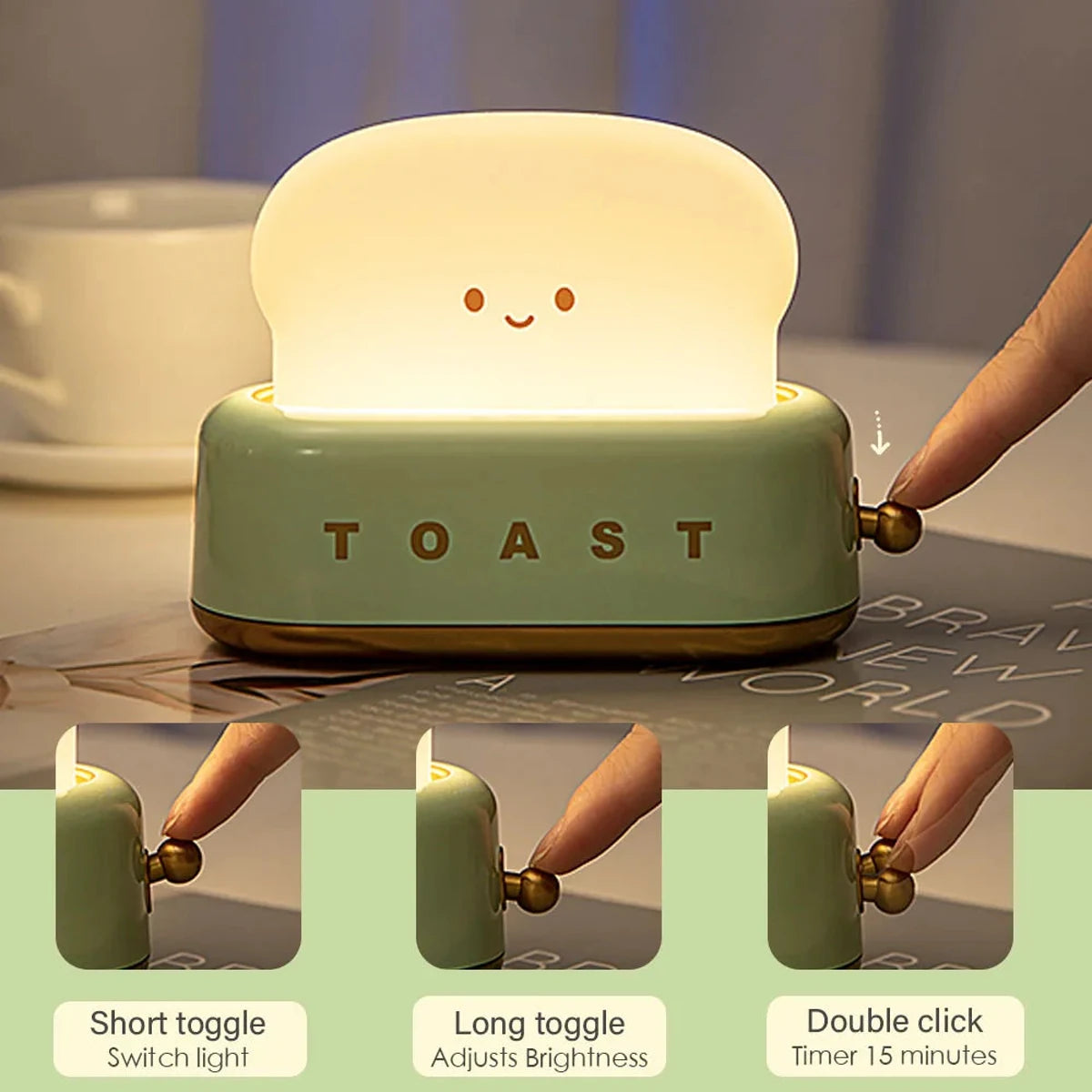 LED-Nachtlicht mit Brot-Toast-Motiv, niedliche Deko für Zuhause, Kawaii-Tischlampe mit Brot-Timer