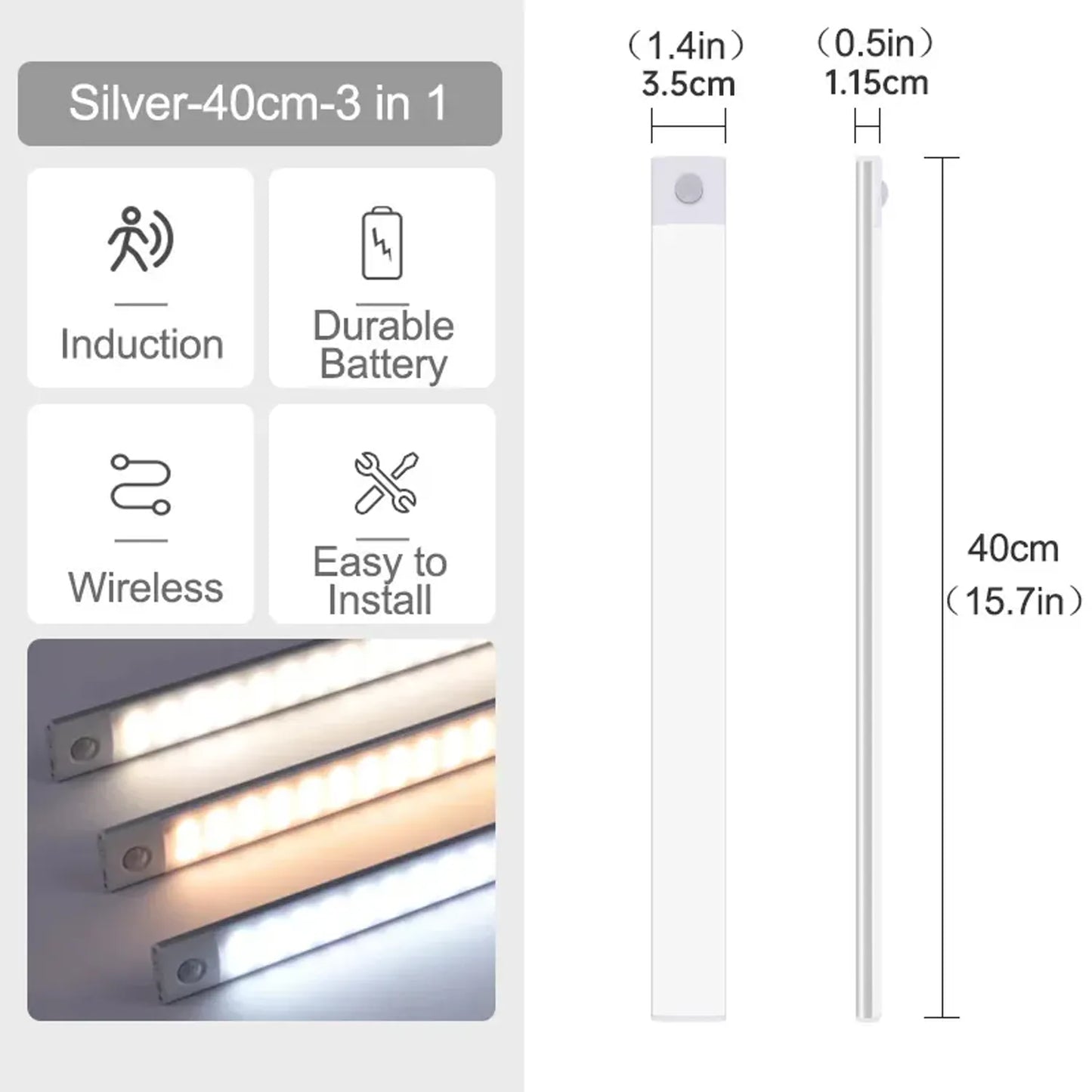 Type-C Rechargeable Under Cabinet LED Light Bar - Smart Motion Sensor, 3 Color