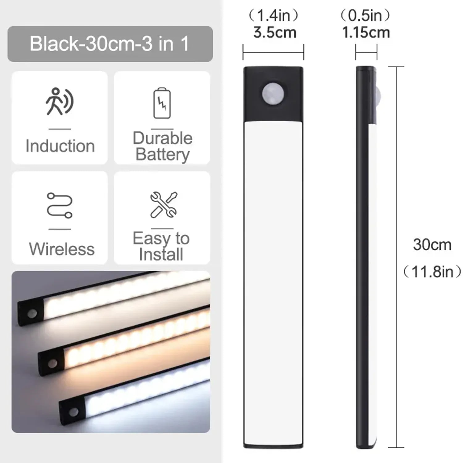 Type-C Rechargeable Under Cabinet LED Light Bar - Smart Motion Sensor, 3 Color