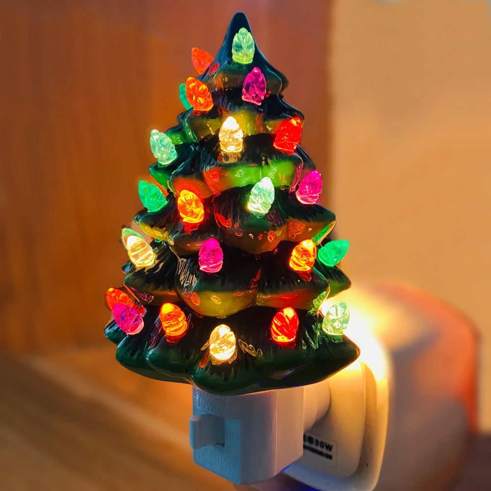 Ceramic Christmas Tree Night Light, Vintage Green Christmas Tree Wall Plug in Night Light - Lumaz