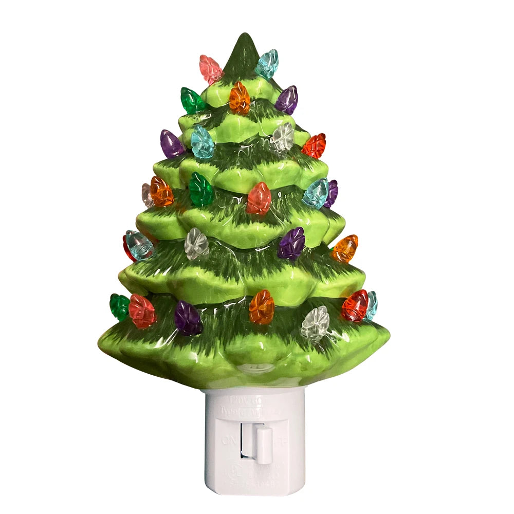 Ceramic Christmas Tree Night Light, Vintage Green Christmas Tree Wall Plug in Night Light - Lumaz