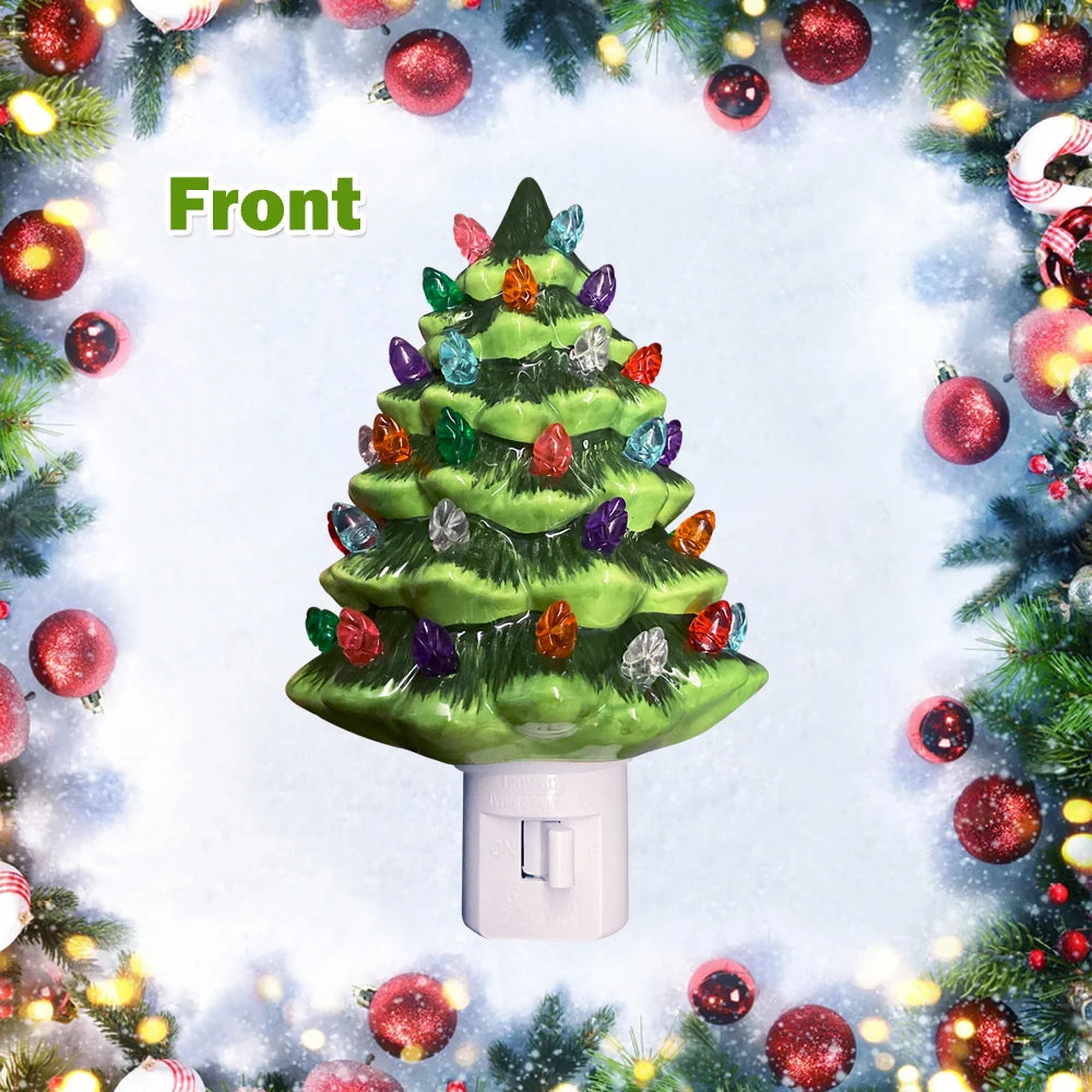 Ceramic Christmas Tree Night Light, Vintage Green Christmas Tree Wall Plug in Night Light - Lumaz