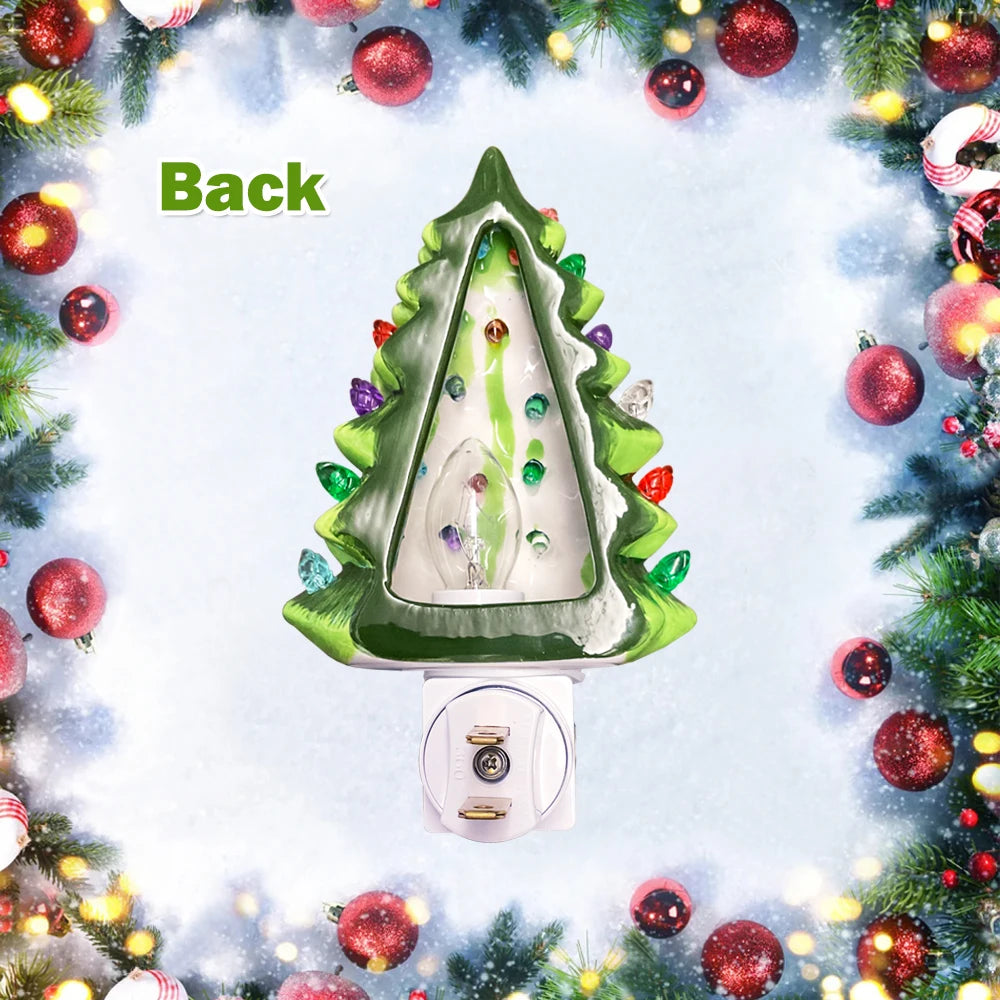 Ceramic Christmas Tree Night Light, Vintage Green Christmas Tree Wall Plug in Night Light - Lumaz