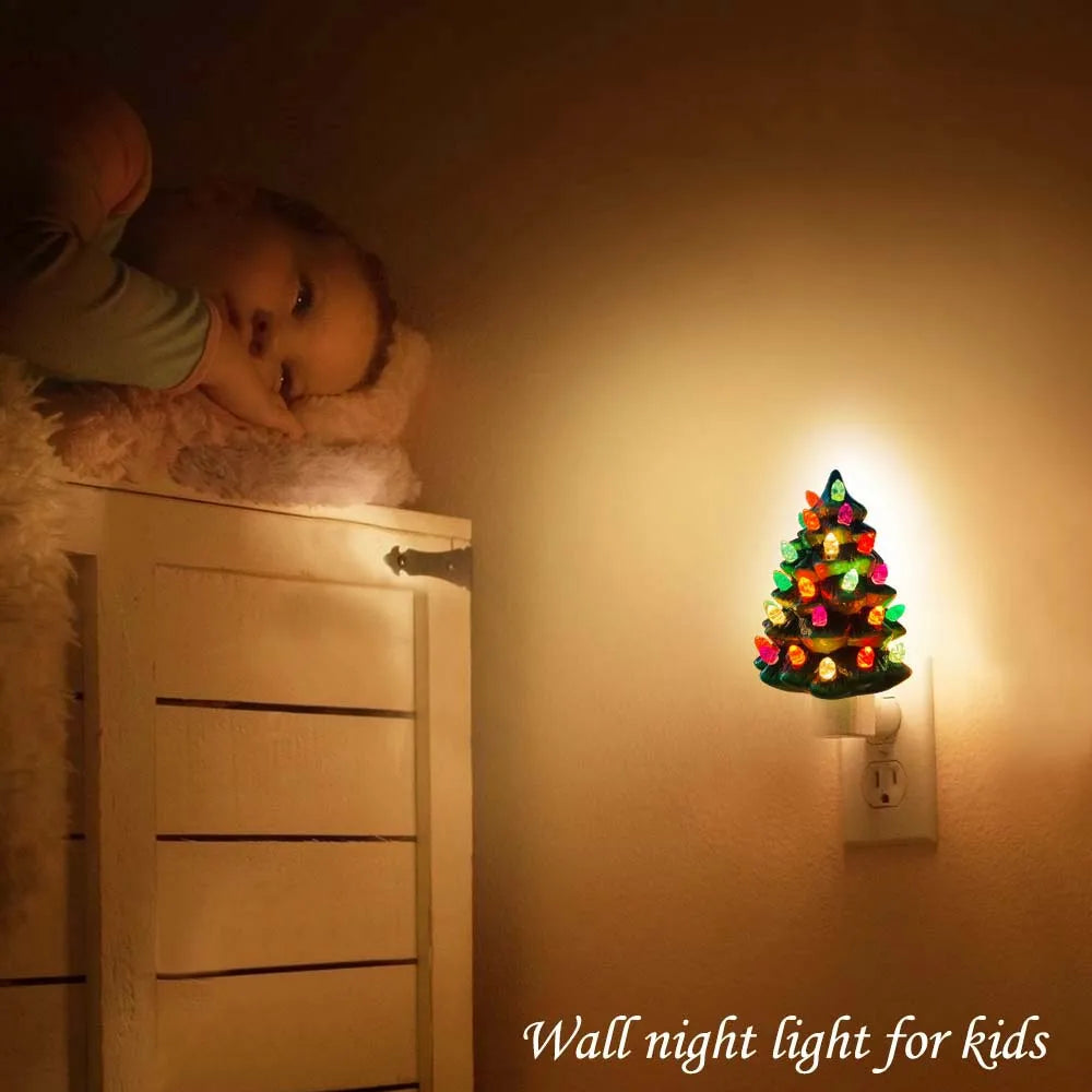 Ceramic Christmas Tree Night Light, Vintage Green Christmas Tree Wall Plug in Night Light - Lumaz