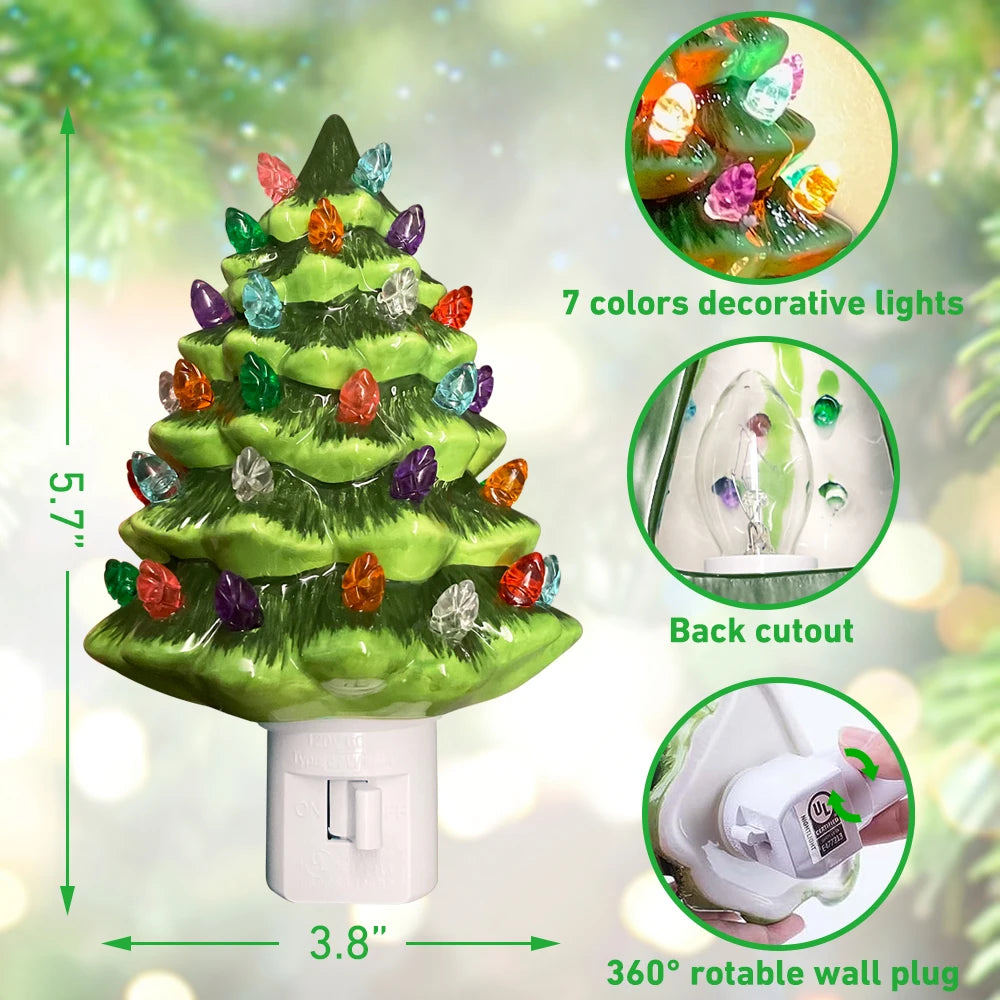 Ceramic Christmas Tree Night Light Vintage Green Christmas Tree Wall Plug in Night Light - Lumaz