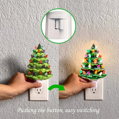 Ceramic Christmas Tree Night Light Vintage Green Christmas Tree Wall Plug in Night Light - Lumaz